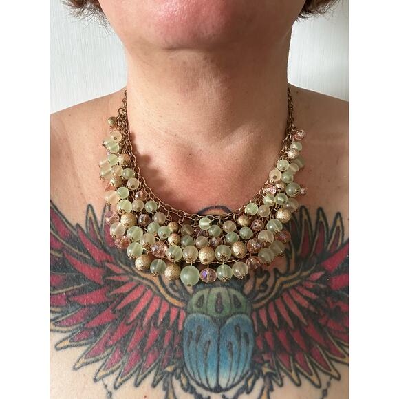 Green Gold Pink Beaded Collar Necklace - Picture 6 of 6